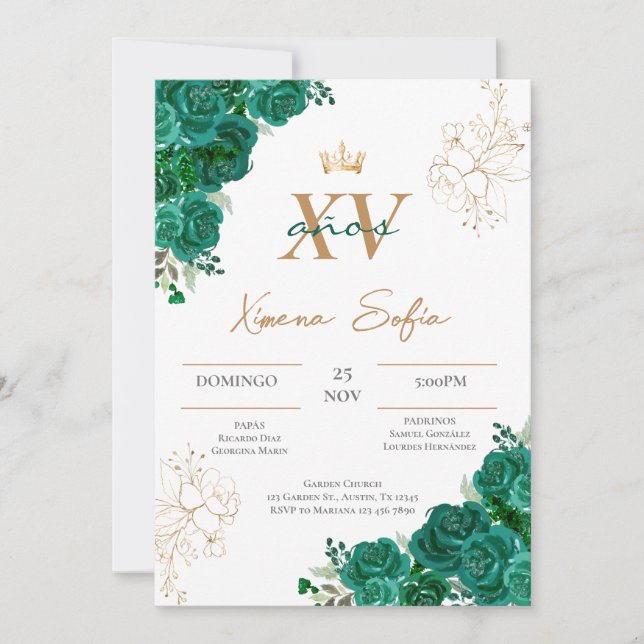 Invitation Emerald Green Quinceanera (Devant)