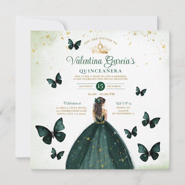 Invitation Emerald Green Quinceañera 15 Anos Fleurs Or (Devant)