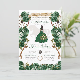 Invitation Emerald Green Quinceanera Élégant Rose Charro