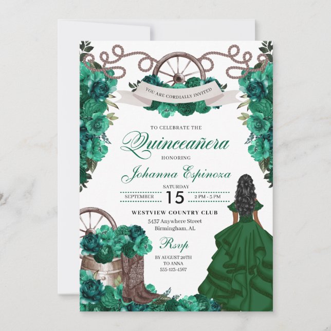 Invitation Emerald Green Ranchero Quinceanera (Devant)