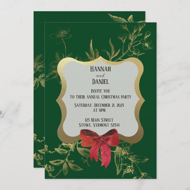 Invitation Emerald Green Red Bow Fête de Noël (Devant / Derrière)