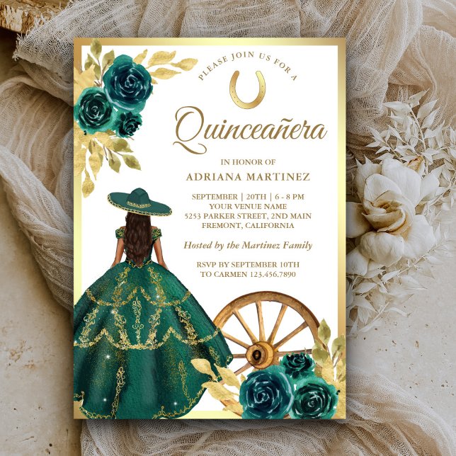 Invitation Emerald Green Robe Florale Charro Gold Quinceanera (Créateur téléchargé)
