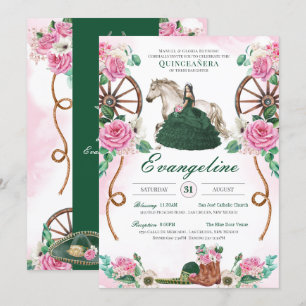 Invitation Emerald Green & rose Floral Charro Quinceanera