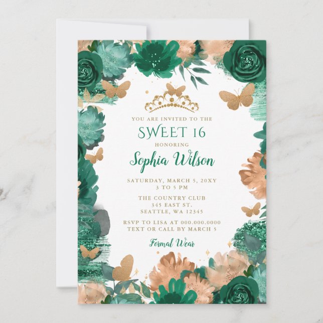 Invitation Emerald Green Rose Gold Butterflies Sweet 16 (Devant)
