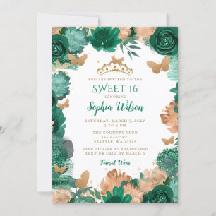 Invitation Emerald Green Rose Gold Butterflies Sweet 16