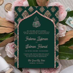 Invitation Emerald Green Rose Gold Damask Arch Mariage musulm