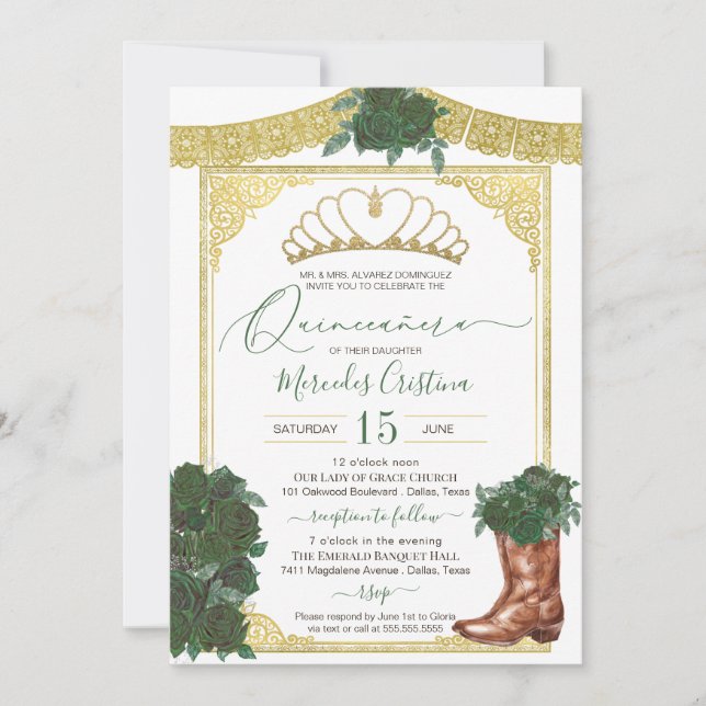 Invitation Emerald Green Rose Gold Floral Charro Quinceanera (Devant)