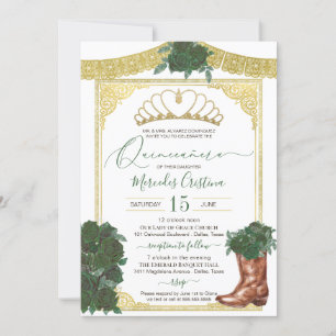 Invitation Emerald Green Rose Gold Floral Charro Quinceanera