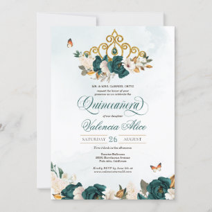 Invitation Emerald Green Rose Gold Tiara Butterfly Quince
