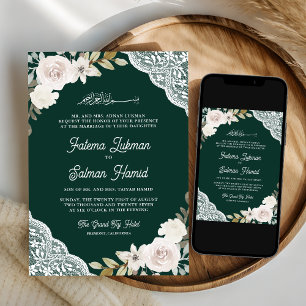 Invitation Emerald Green Roses Blanches dentelle Mariage musu