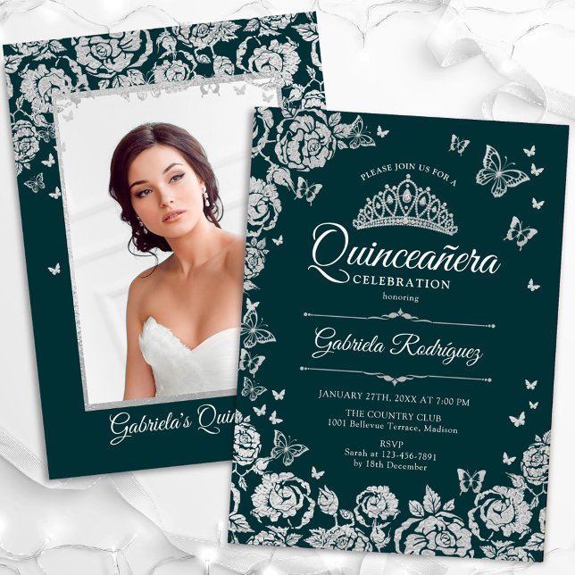 Invitation Emerald Green Roses d'argent Quinceanera Photo (Créateur téléchargé)