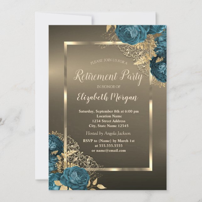 Invitation  Emerald Green Roses Frame Brown Retirement Party (Devant)