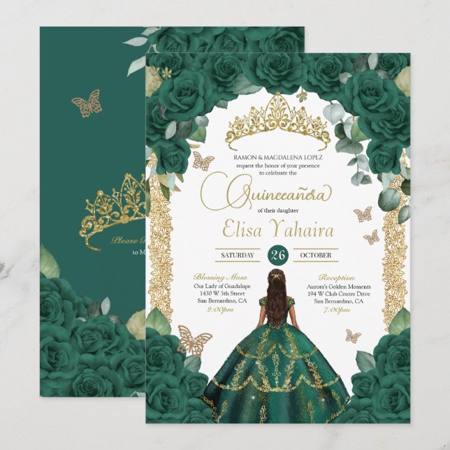 Invitation Emerald Green Roses & Gold Butterfly Quinceanera (Devant / Derrière)