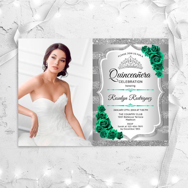 Invitation Emerald Green Roses Silver Photo Quinceanera (Créateur téléchargé)