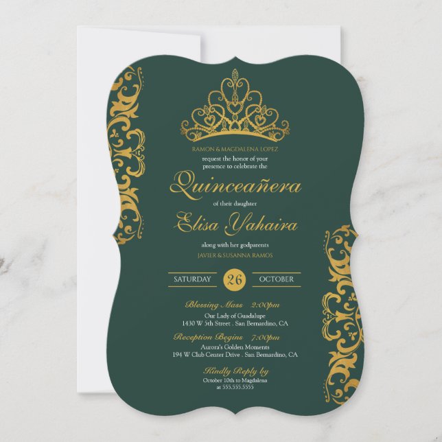 Invitation Emerald Green Royal Gold Elegant Crown Quinceañera (Devant)