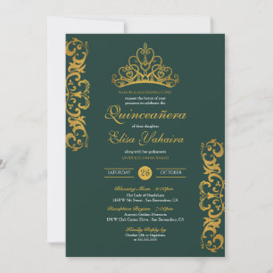 Invitation Emerald Green Royal Gold Elegant Crown Quinceañera