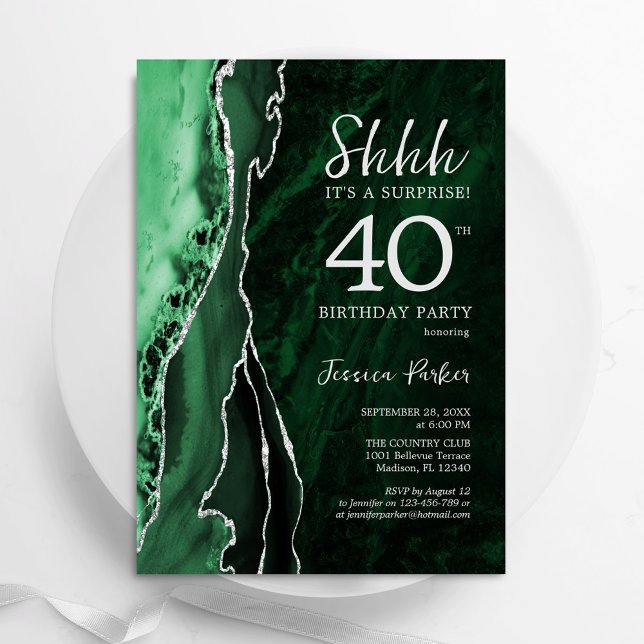 Invitation Emerald Green Silver Agate Surprise 40e anniversai (Créateur téléchargé)