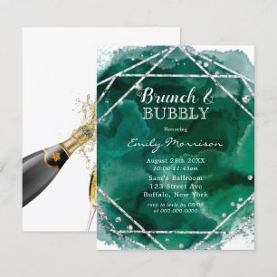 Invitation Emerald Green Silver Brunch géométrique & Bubbly
