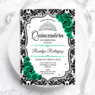 Invitation Emerald Green Silver Elegant Damask Quinceanera