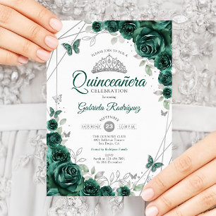 Invitation Emerald Green Silver Floral Quinceanera