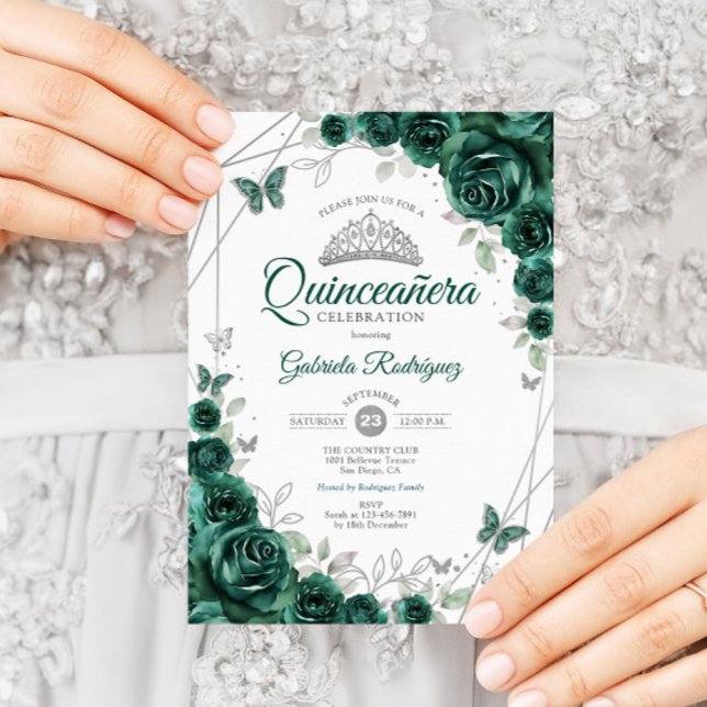 Invitation Emerald Green Silver Floral Quinceanera (Créateur téléchargé)