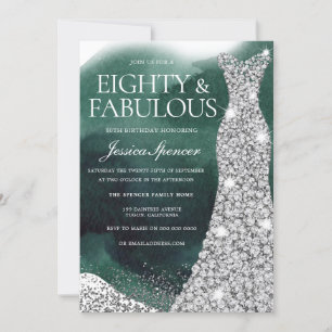 Invitation Emerald Green & Silver Gown 80th Birthday Party