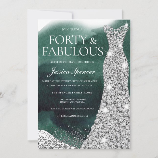 Invitation Emerald Green & Silver Gown fête du 40e anniversai (Devant)