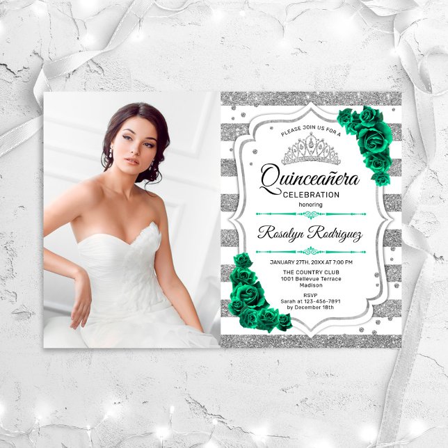 Invitation Emerald Green Silver White Photo Quinceanera (Créateur téléchargé)