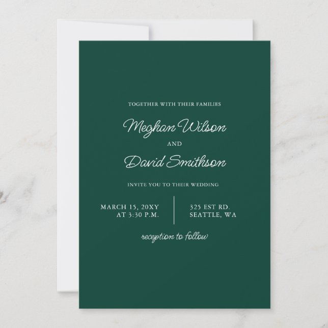 Invitation Emerald Green Simple Élégant Mariage moderne (Devant)