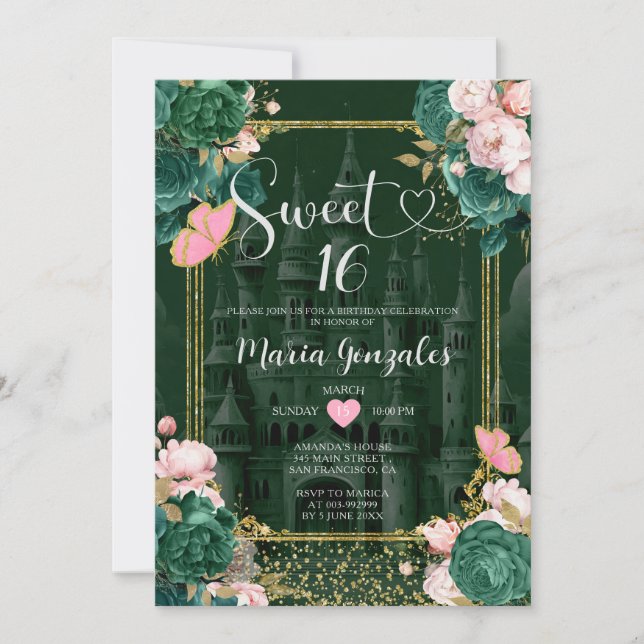 Invitation Emerald Green Sweet 16 Fille Floral fête d'anniver (Devant)