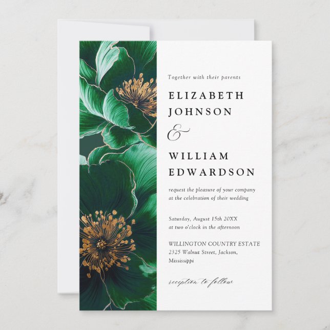 Invitation Emerald Green Tout en un élégant Mariage floral (Devant)