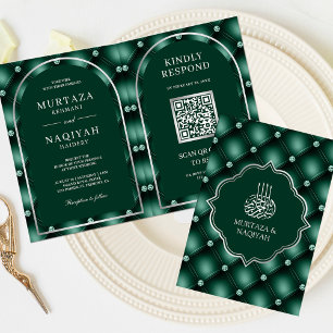 Invitation Emerald Green Tufted QR Code Mariage musulman