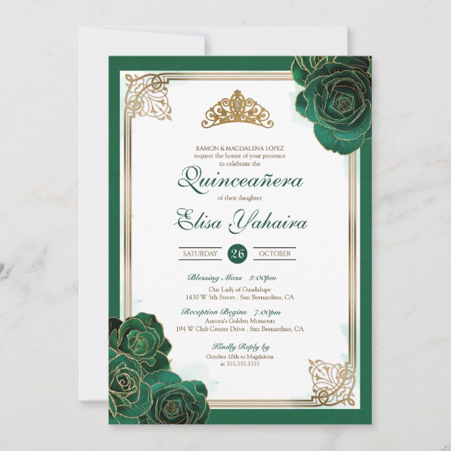 Invitation Emerald Green White Gold Roses Royal Quinceanera (Devant)