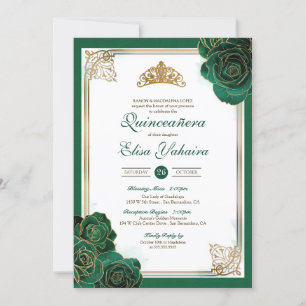 Invitation Emerald Green White Gold Roses Royal Quinceanera