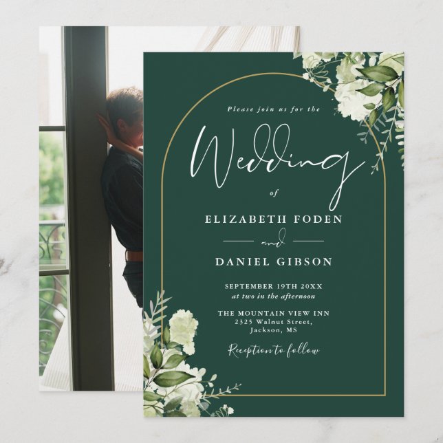 Invitation Emerald Greenery Floral Gold Arch Mariage photo (Devant / Derrière)