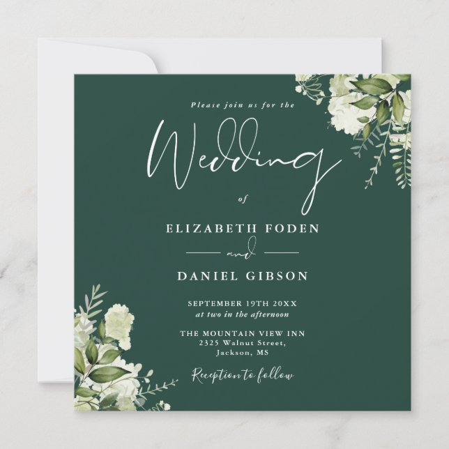 Invitation Emerald Greenery Floral Monogram Carré Mariage (Devant)