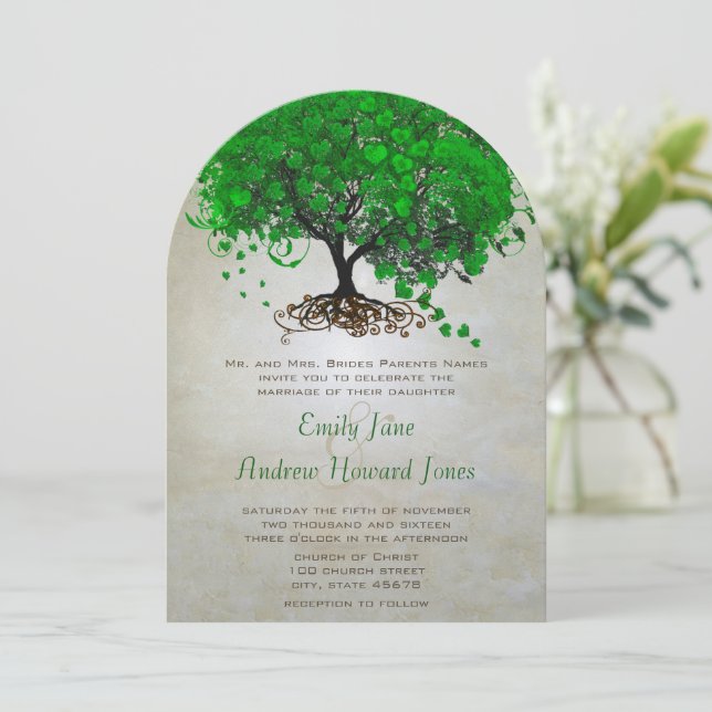 Invitation Emerald Heart Leaf Tree Wedding Invite (Debout devant)