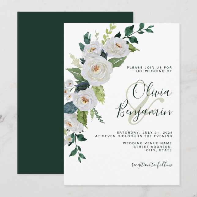Invitation Emerald Ivory White Floral Mariage élégant (Devant / Derrière)