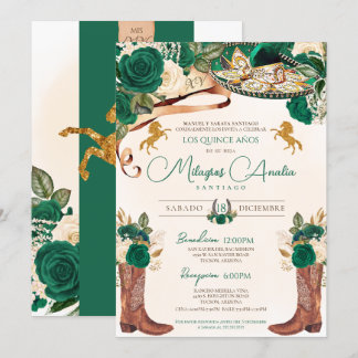 Invitation Emerald Jade Rose vert Western Charro Quinceañera