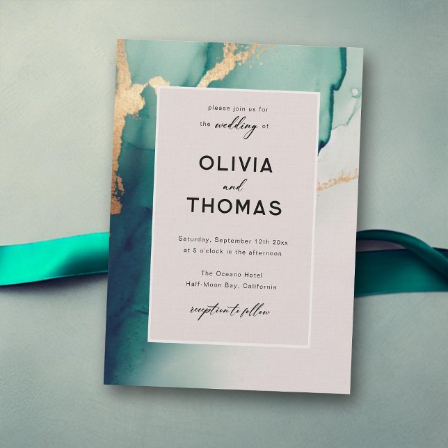 Invitation Emerald Modern Frame Elegant Chic Beach Wedding (emerald green wedding invitation modern frame beach ocean waves gold romantic elegant bohemian)
