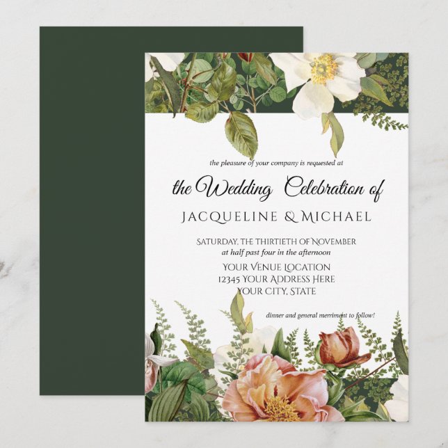 Invitation Emerald n Blush Floral Ivory Peony Mariage Rose (Devant / Derrière)