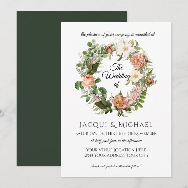 Invitation Emerald n Blush Ivory Roses w Fern Wreath Mariage (Devant / Derrière)