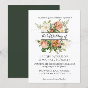 Invitation Emerald n Blush Peony, Roses w Fern Wreath Mariage