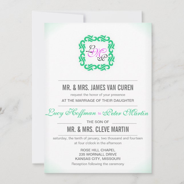 Invitation Emerald n Hot rose monogramme motif mariage (Devant)