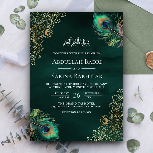 Invitation Emerald Peacock Feathers QR Code Mariage musulman (Créateur téléchargé)