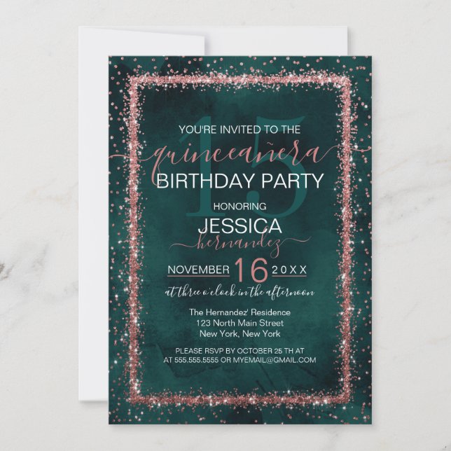 Invitation Emerald Rose Gold Sprinted Confetti Quinceañera (Devant)