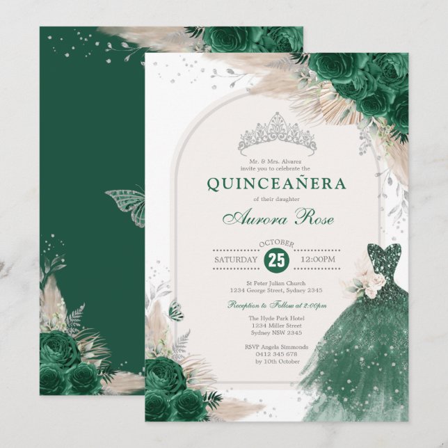Invitation Emerald Silver Boho Rose Princesse Quinceañera (Devant / Derrière)