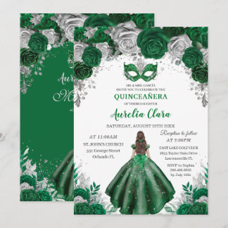Invitation Emerald Silver Floral Masquerade Ball Quinceañera