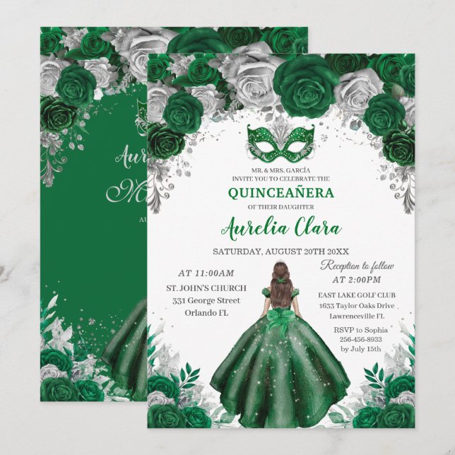 Invitation Emerald Silver Floral Masquerade Ball Quinceañera (Devant / Derrière)