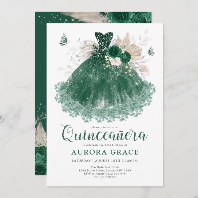 Invitation Emerald Silver Flower Quinceañera Mis Quince Anos (Devant / Derrière)